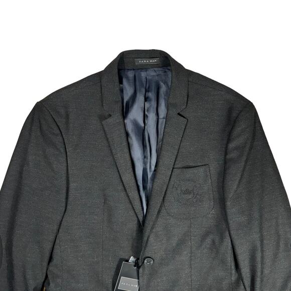 Zara Man (40) Premium Collection Sport Coat Blazer Elbow Patches Crest Pocket - Picture 4 of 16